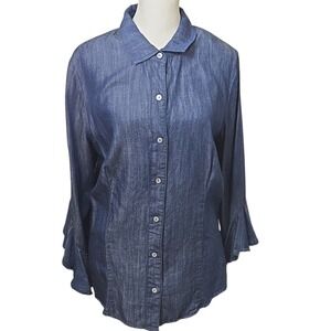 LIVERPOOL Womens Medium Blue Denim Chambray Button Up Shirt Ruffle Sleeve